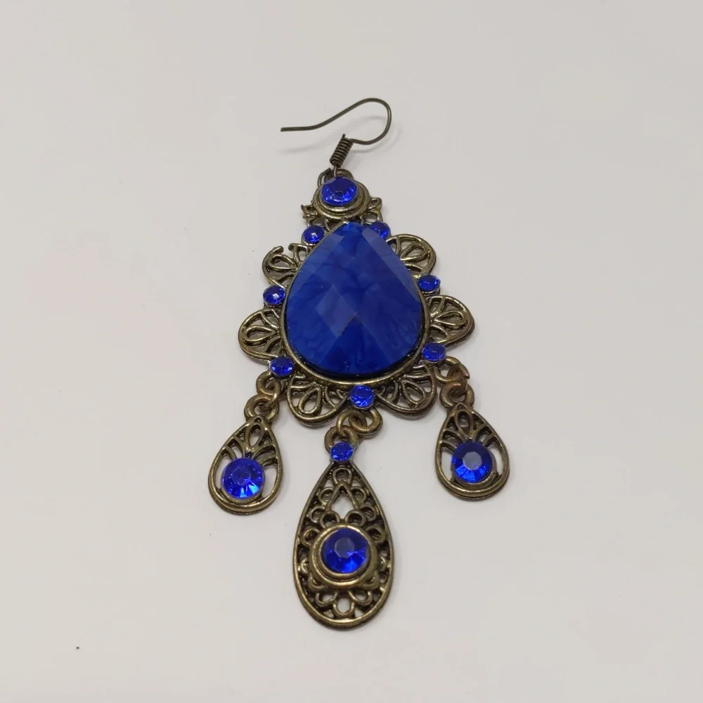 Colbalt Blue Dangle Earrings Filagree Ornate Boho Romantic